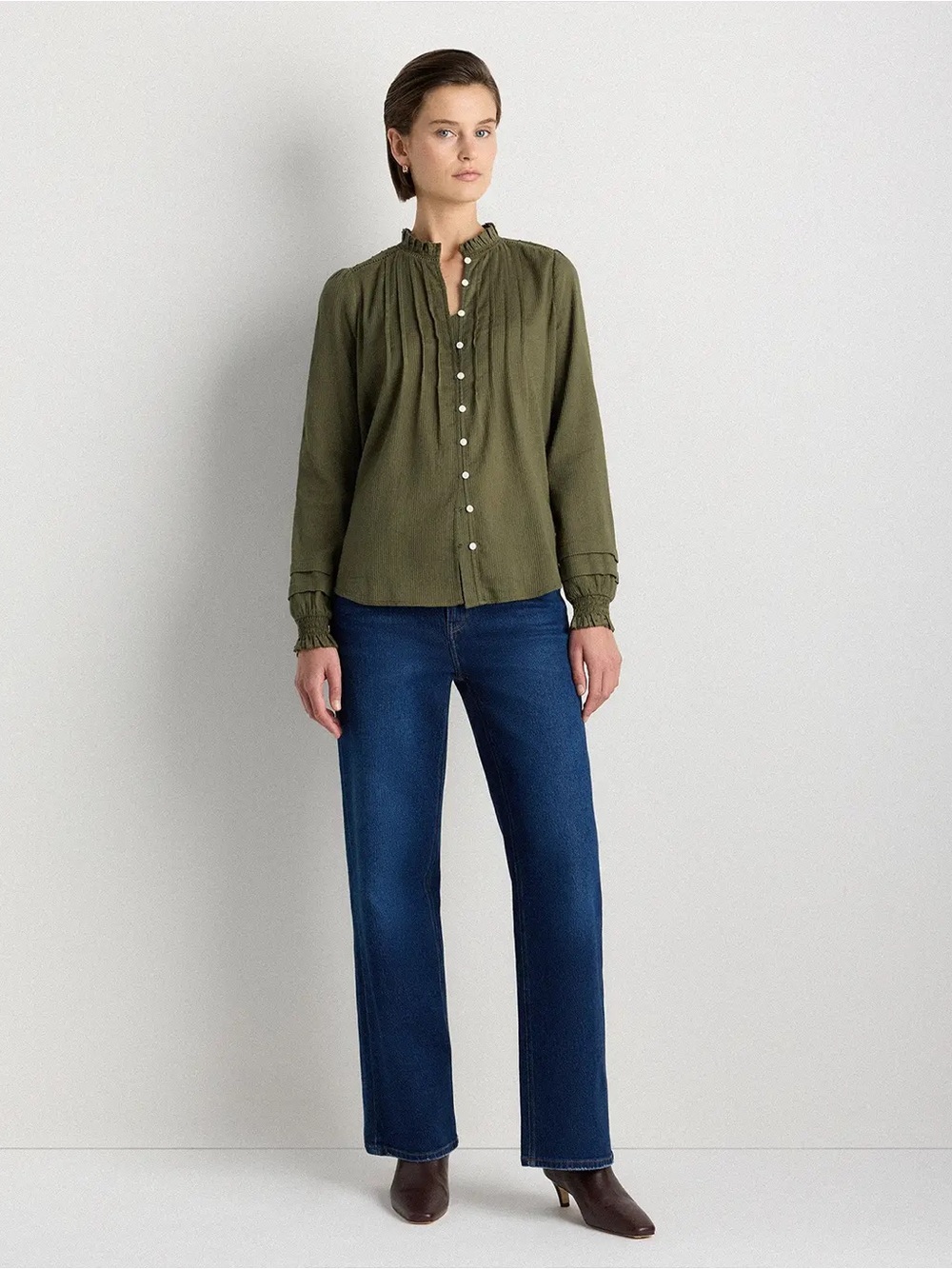Quince Organic Cotton Peasant Blouse Caper Olive Green XS
